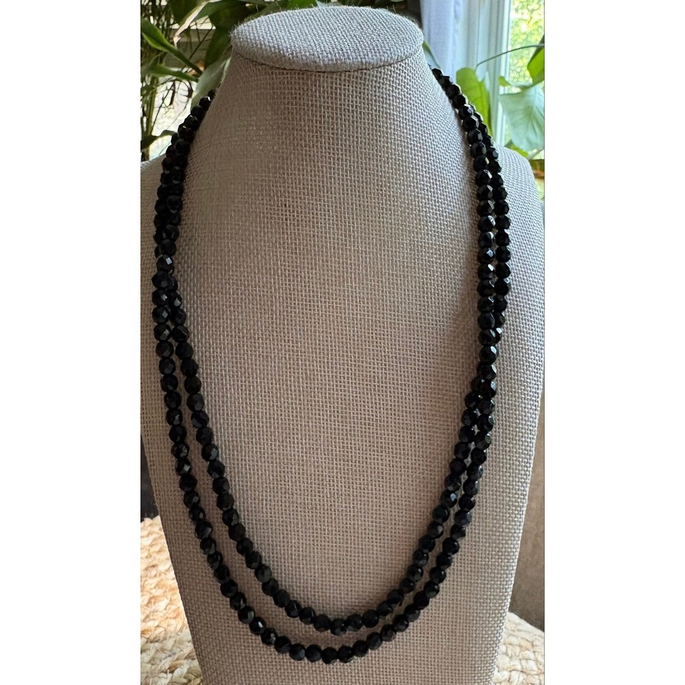 Vintage Jet Black Glass Bead Double Strand Necklace Mid-Century Elegance
